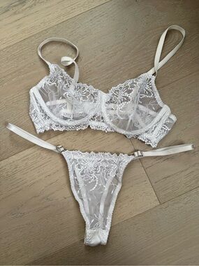 Sheer Floral Embroidered Underwire Bra & Thong Set - White
